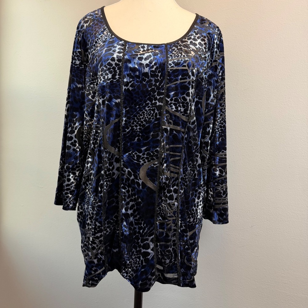 Dressbarn XL Blue Black Velvet Burnout Leopard Tunic Top 3/4 Sleeve Goth Corset